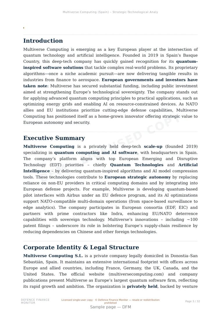 Sample page from “Multiverse Computing — Spain quantum algorithms company” — 33-page report