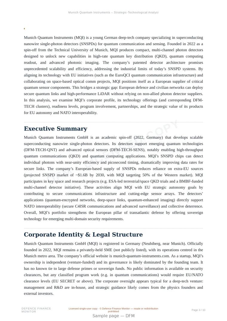 Sample page from “Munich Quantum Instruments – Strategic-Technological Analysis” — 11-page report