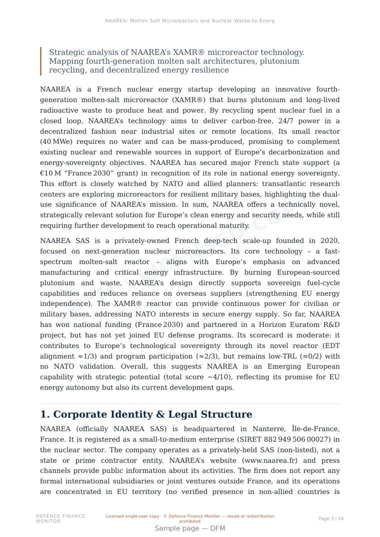 Sample page from “NAAREA: Molten Salt Microreactors and Nuclear Waste-to-Energy Architectures” — 15-page report