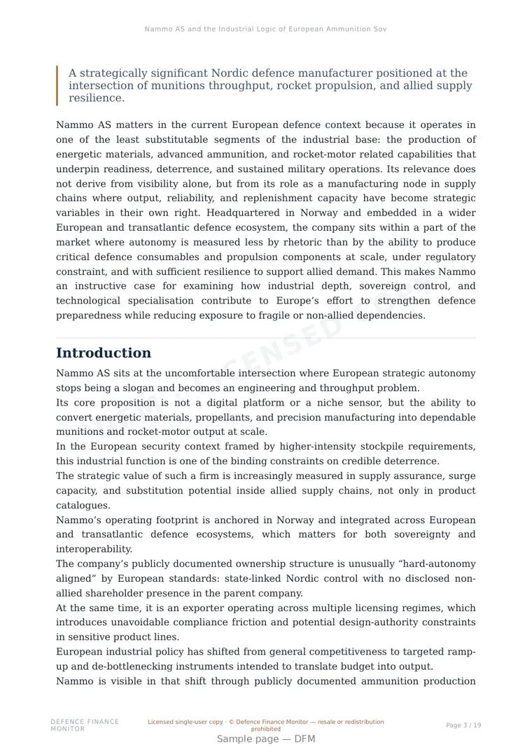 Sample page from “Nammo AS and the Industrial Logic of European Ammunition Sovereignty” — 20-page report