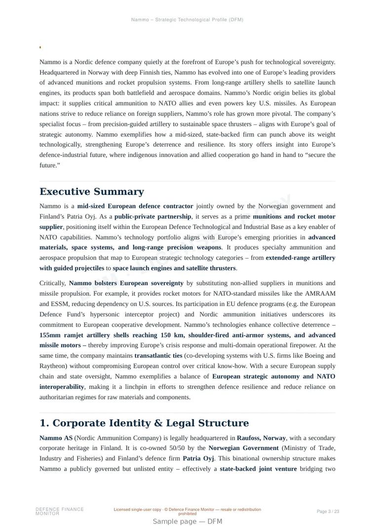 Sample page from “Nammo – Strategic Technological Profile” — 24-page report