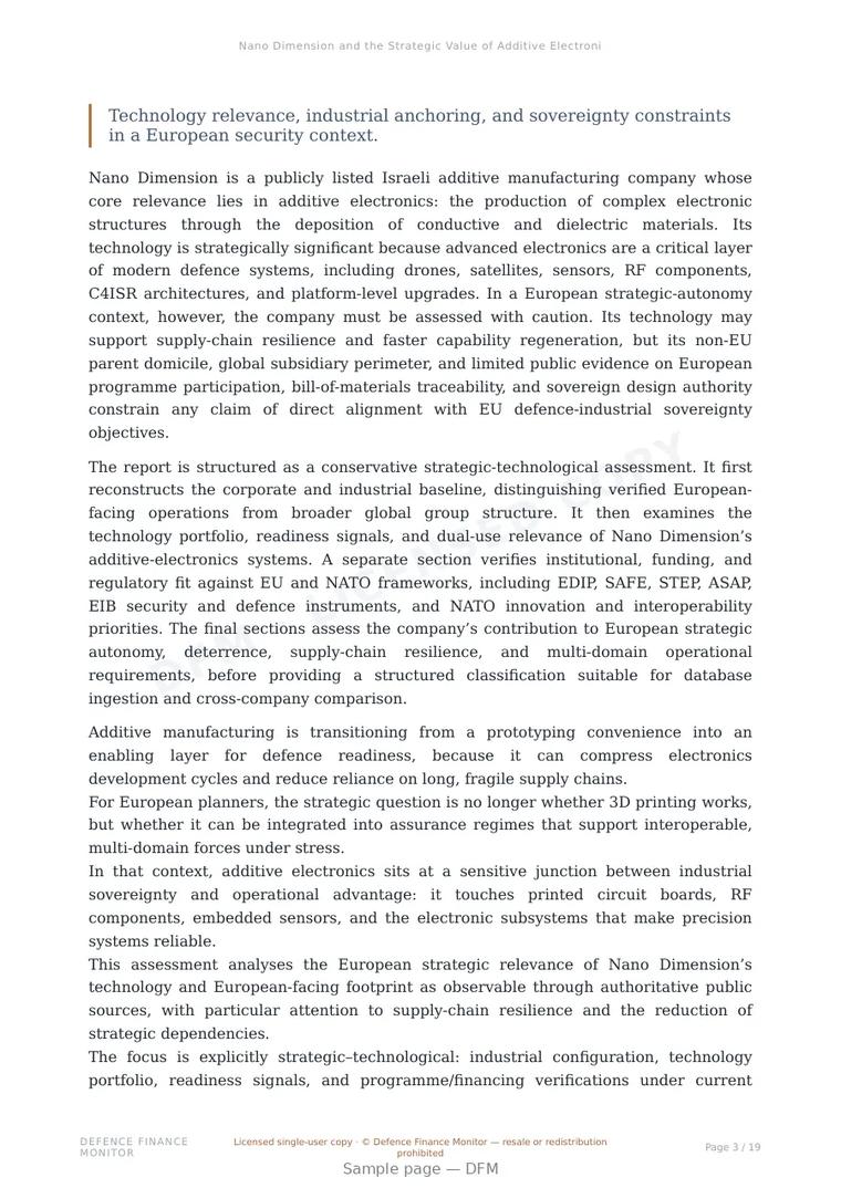 Sample page from “Nano Dimension and the Strategic Value of Additive Electronics for European Defence Autonomy” — 20-page report