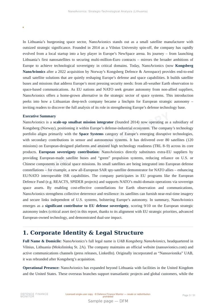 Sample page from “NanoAvionics — Lithuania satellite platforms company” — 32-page report