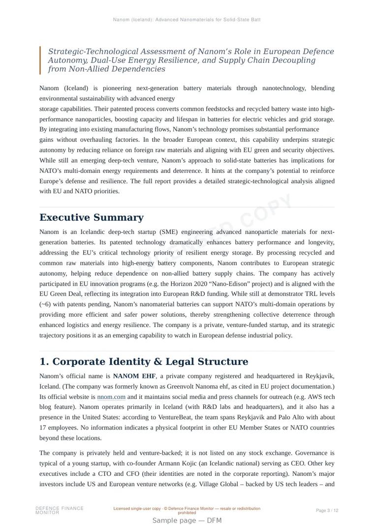 Sample page from “Nanom (Iceland): Advanced Nanomaterials for Solid-State Battery Innovation” — 13-page report