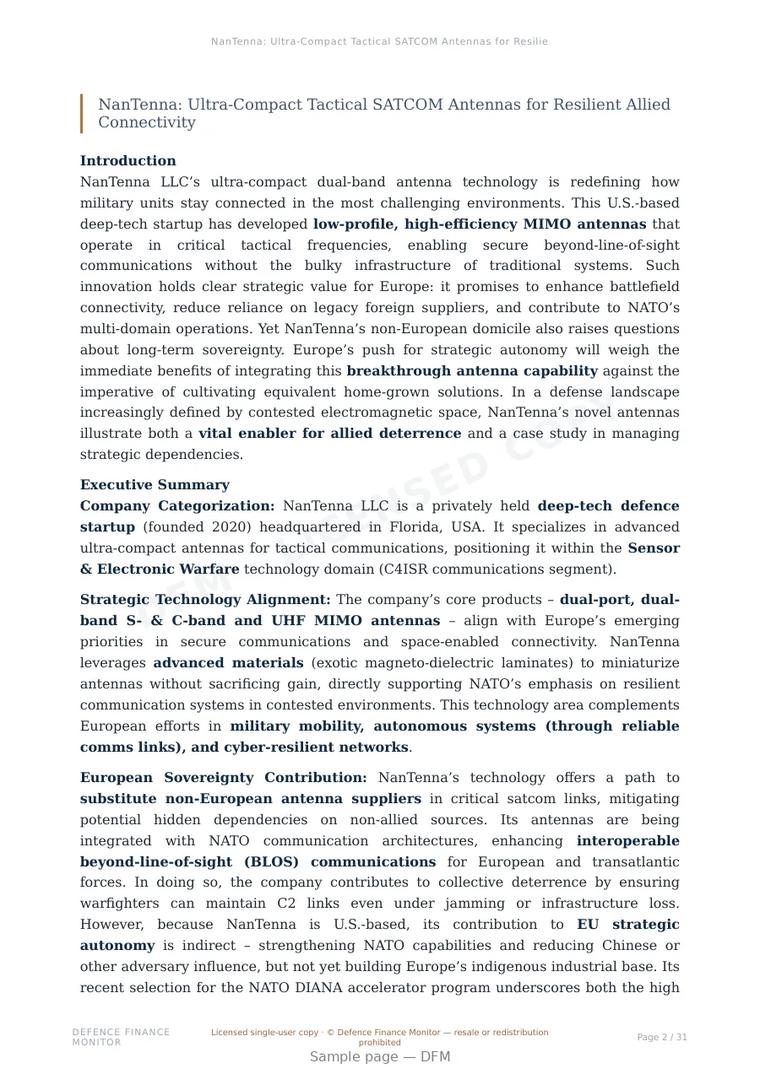 Sample page from “NanTenna: Ultra-Compact Tactical SATCOM Antennas for Resilient Allied Connectivity” — 32-page report