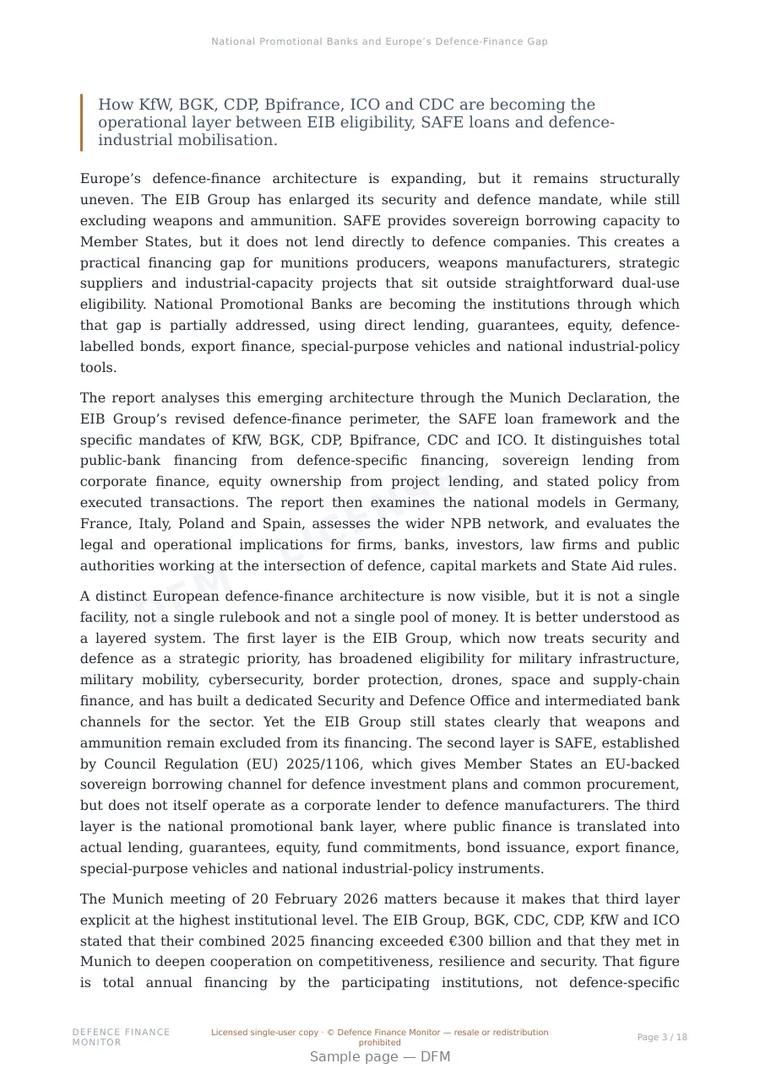 Sample page from “National Promotional Banks and Europe’s Defence-Finance Gap” — 19-page report