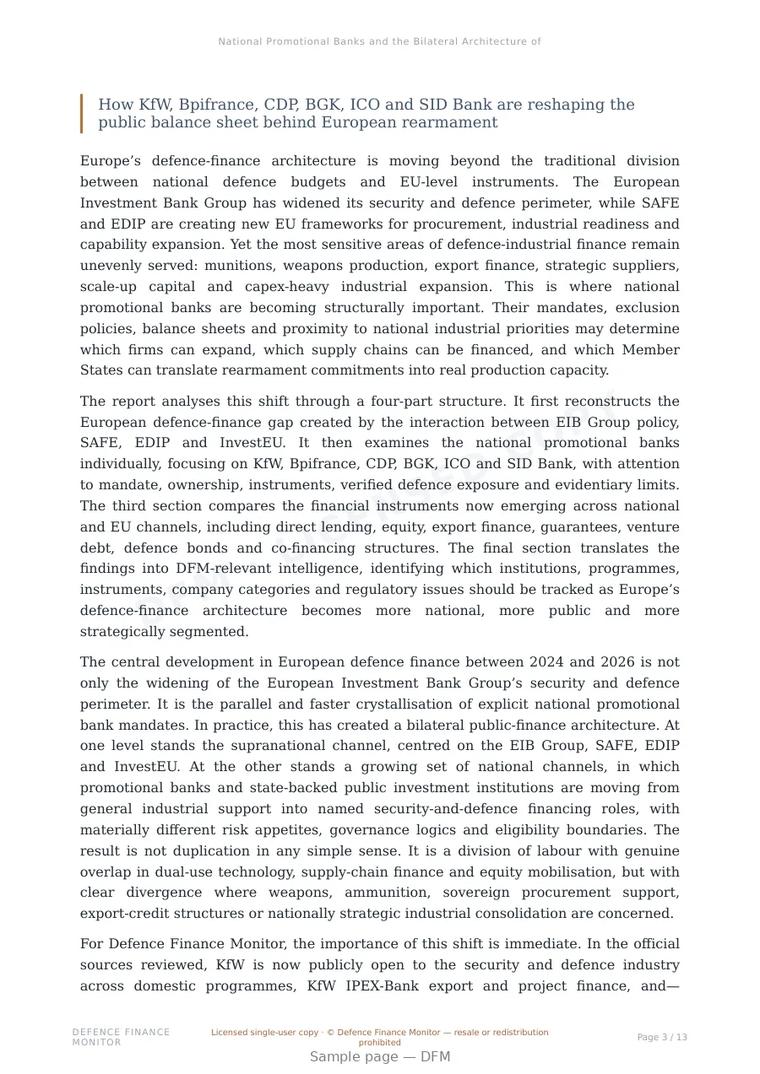 Sample page from “National Promotional Banks and the Bilateral Architecture of European Defence Finance” — 14-page report