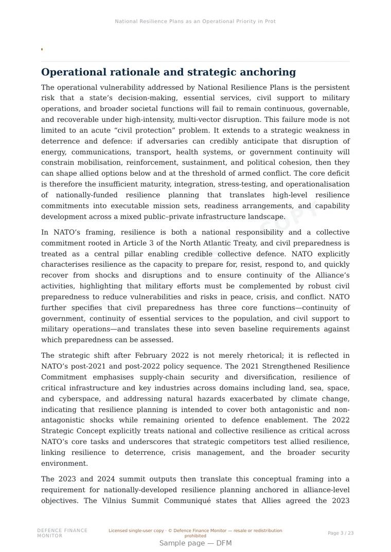 Sample page from “National Resilience Plans as an Operational Priority in Protection of Critical Infrastructure and National Resilience” — 24-page report
