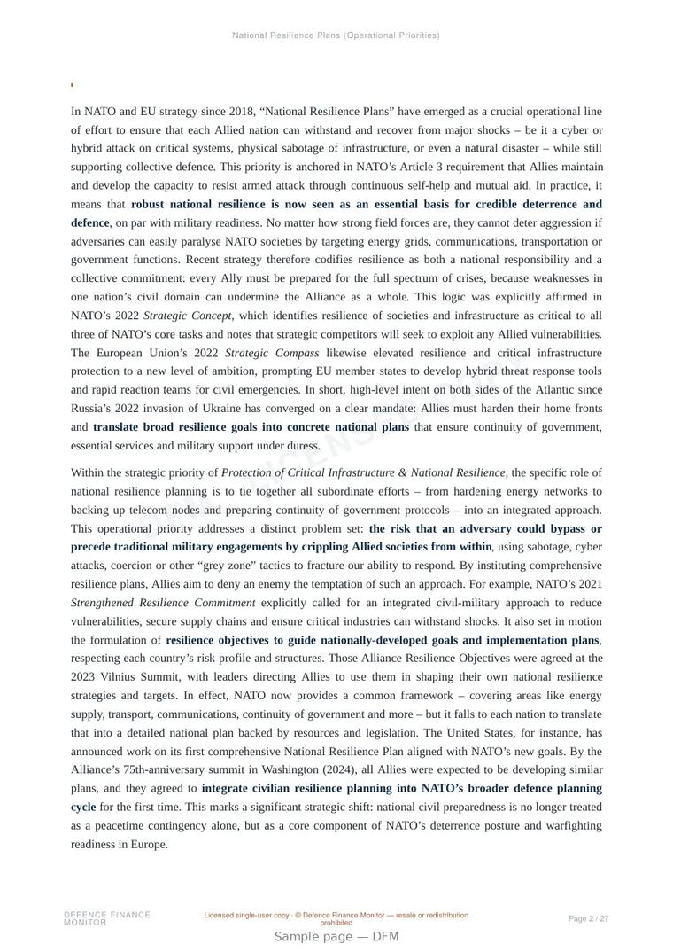 Sample page from “National Resilience Plans (Operational Priorities)” — 28-page report