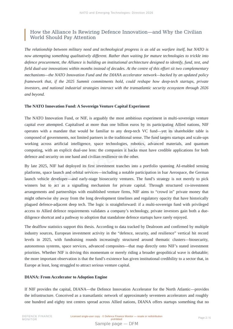 Sample page from “NATO and Emerging Technologies: Direction 2026” — 7-page report