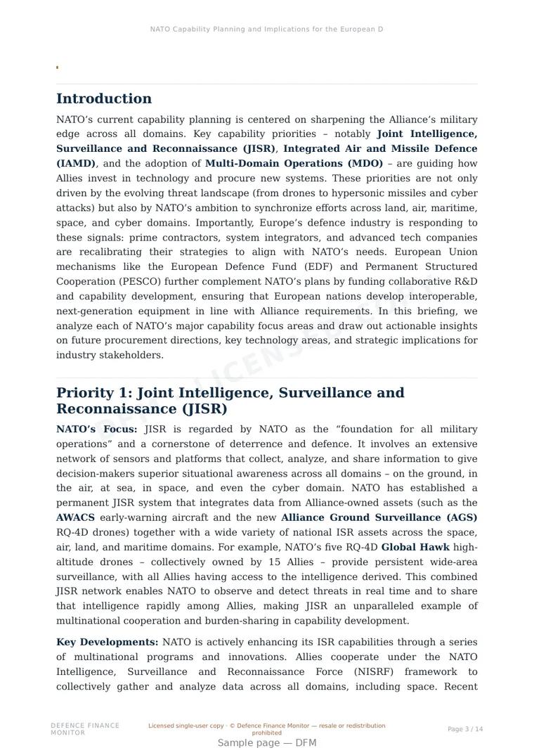 Sample page from “NATO Capability Planning and Implications for the European Defence Industry” — 15-page report