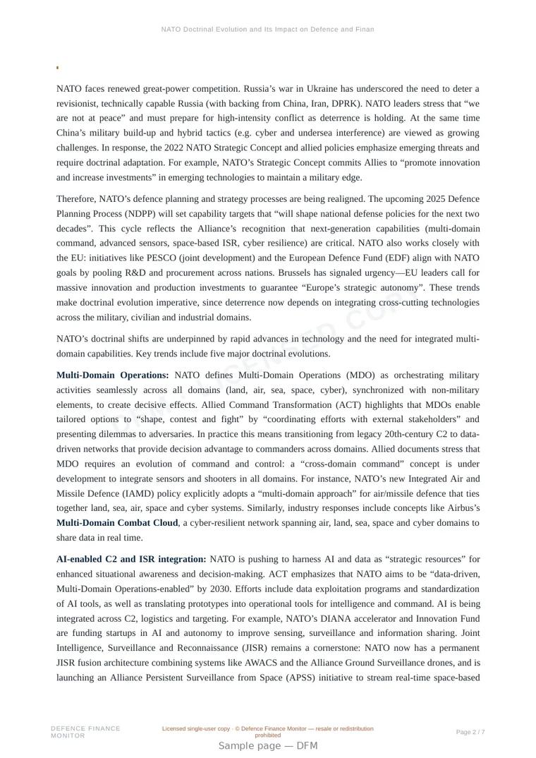 Sample page from “NATO Doctrinal Evolution and Its Impact on Defence and Finance” — 8-page report