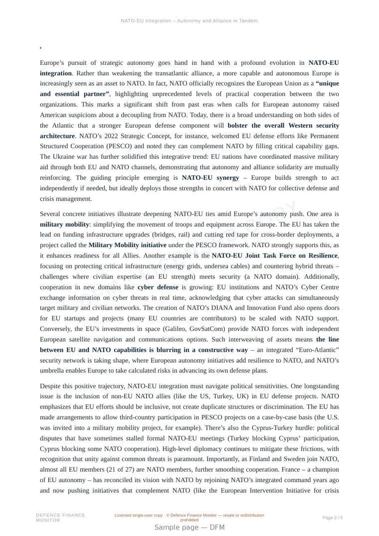 Sample page from “NATO-EU Integration – Autonomy and Alliance in Tandem” — 6-page report