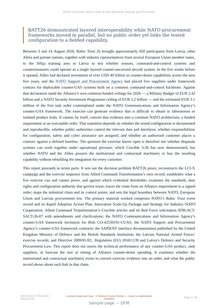 Sample page from “NATO’s Counter-Drone Gap Is Now Between Testing and Procurement” — 30-page report