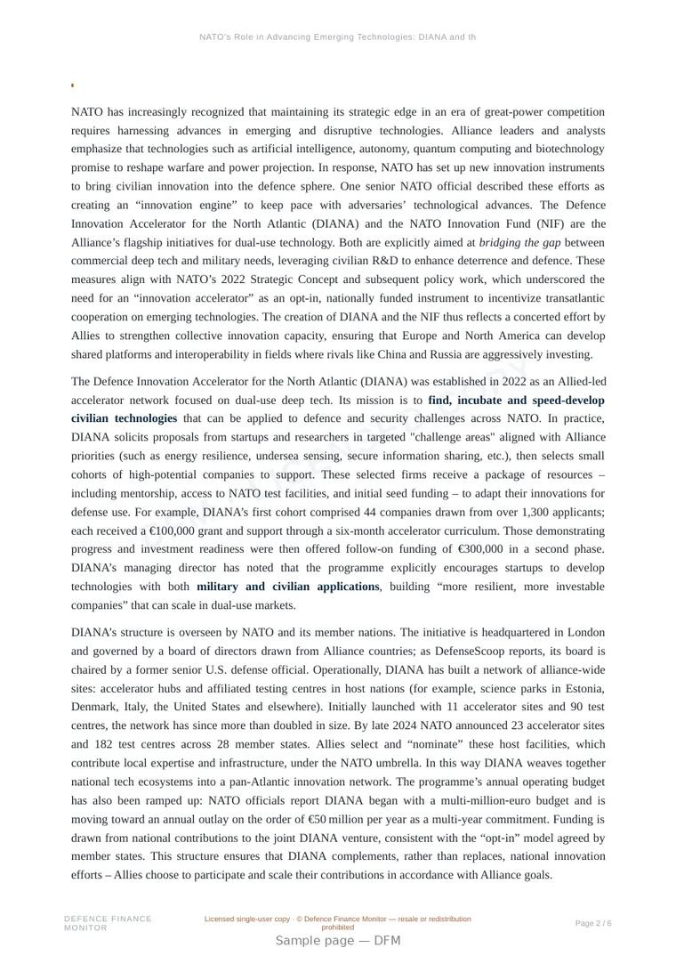 Sample page from “NATO’s Role in Advancing Emerging Technologies: DIANA and the NATO Innovation Fund” — 7-page report