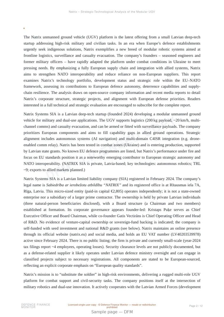 Sample page from “Natrix – Strategic-Technological Analysis of the Modular UGV Platform” — 13-page report