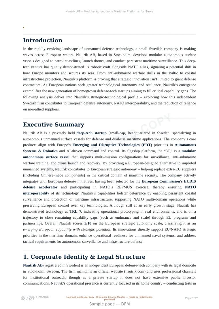 Sample page from “Nautrik AB – Modular Autonomous Maritime Platforms for Surveillance and Security” — 21-page report