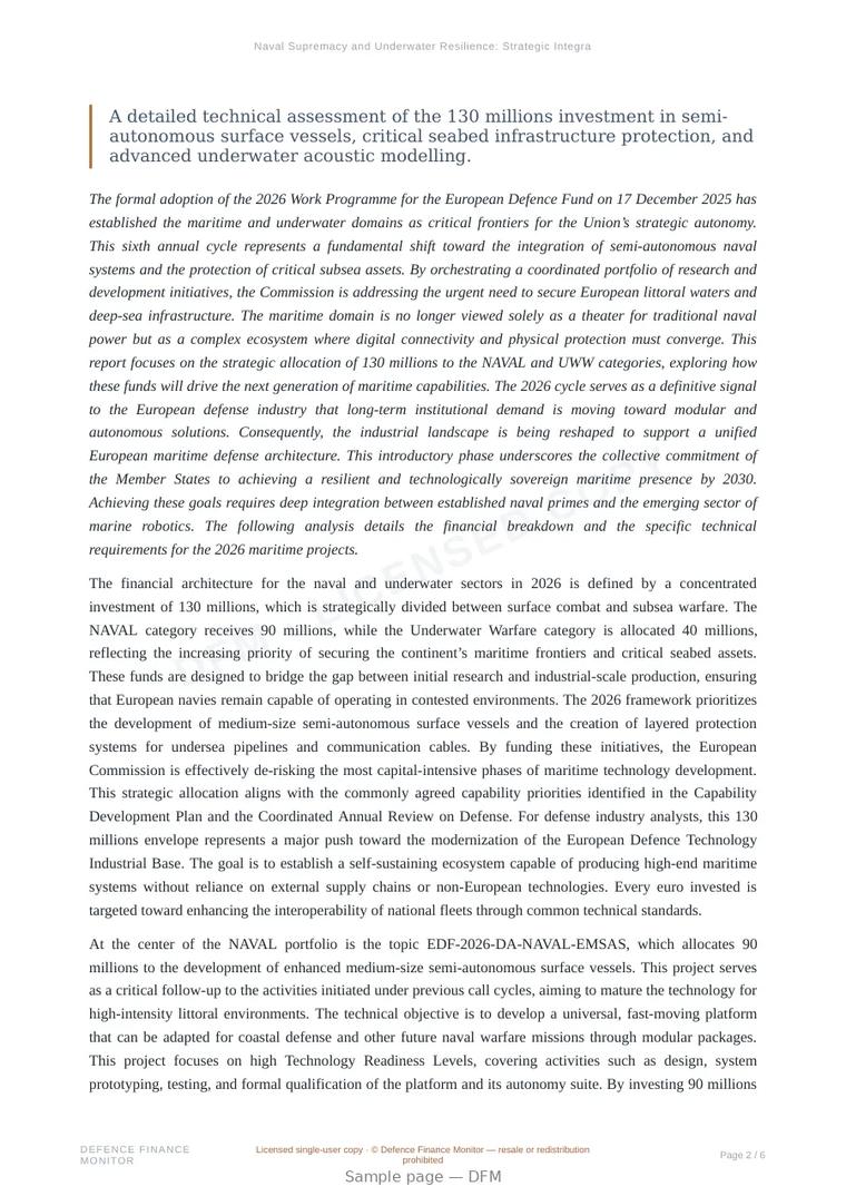 Sample page from “Naval Supremacy and Underwater Resilience: Strategic Integration in the 2026 EDF” — 7-page report