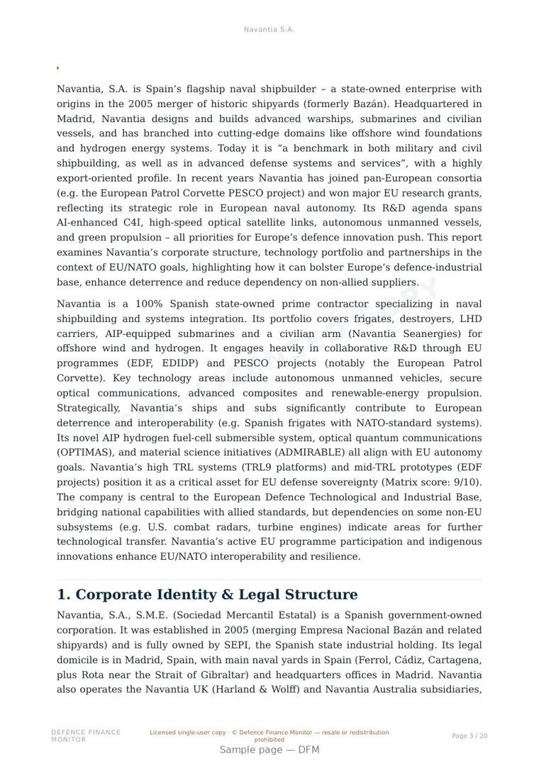 Sample page from “Navantia S.A.” — 21-page report