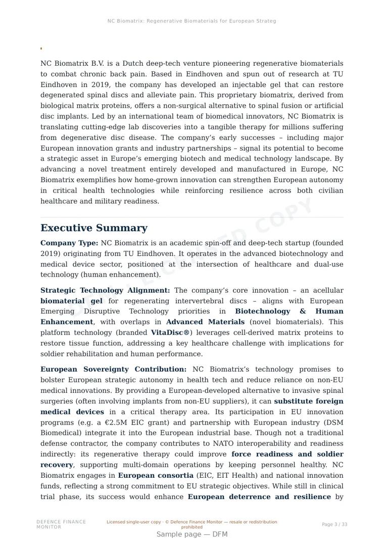 Sample page from “NC Biomatrix: Regenerative Biomaterials for European Strategic Autonomy” — 34-page report