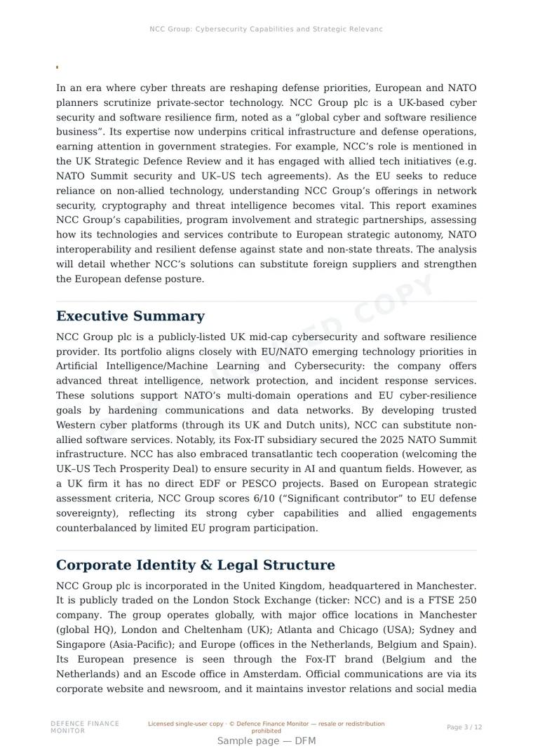 Sample page from “NCC Group: Cybersecurity Capabilities and Strategic Relevance for European Defense Autonomy” — 13-page report