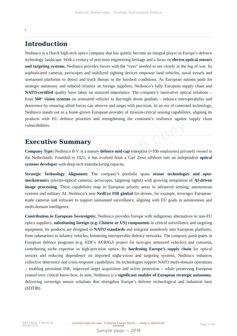 Sample page from “Nedinsco — Netherlands electro-optical company” — 37-page report