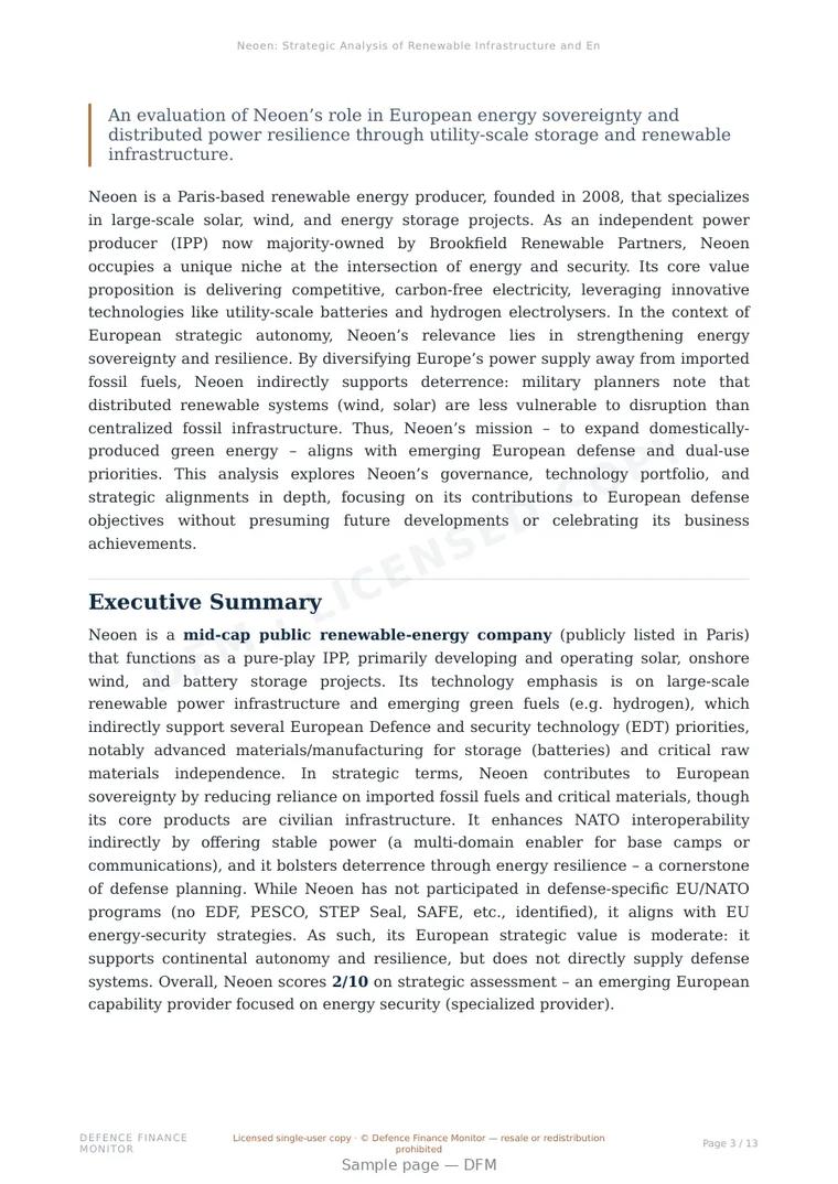 Sample page from “Neoen: Strategic Analysis of Renewable Infrastructure and Energy Sovereignty” — 14-page report