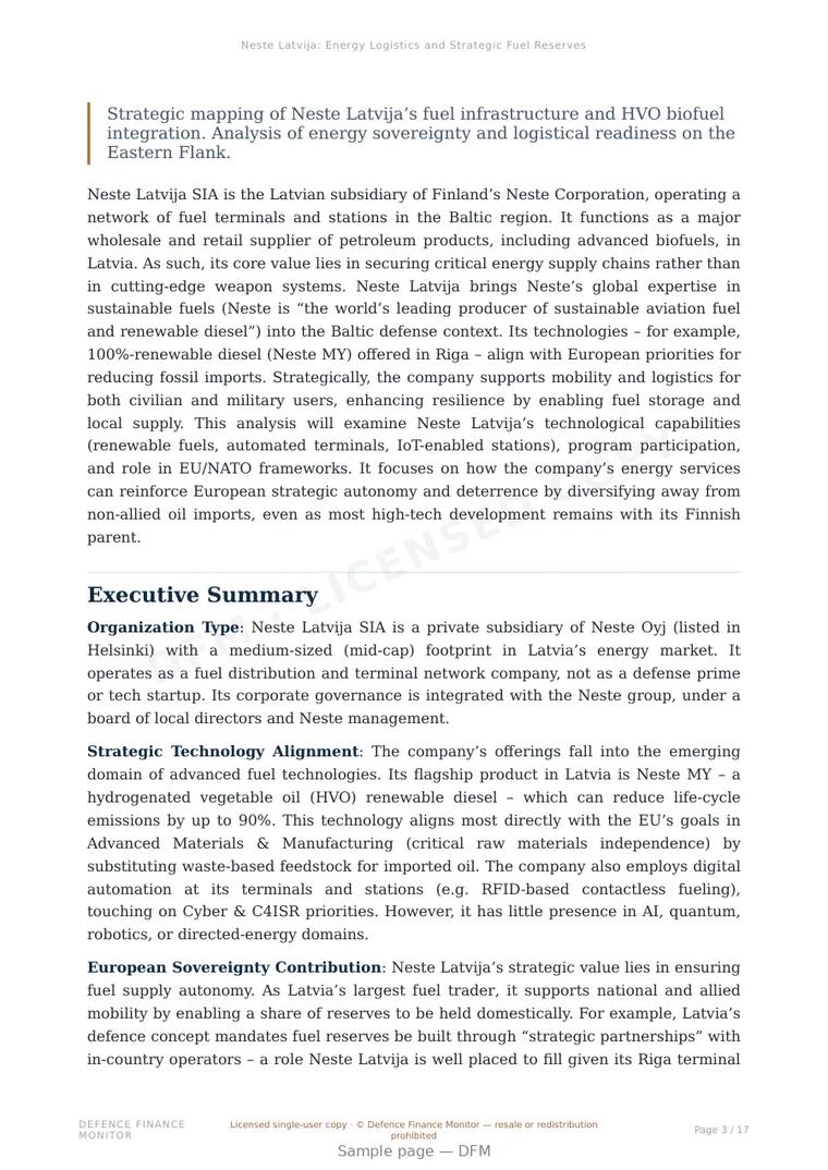Sample page from “Neste Latvija: Energy Logistics and Strategic Fuel Reserves Analysis” — 18-page report