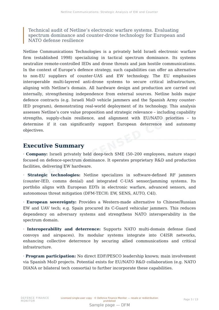 Sample page from “Netline Communications: Strategic Analysis of EW and Counter-UAS Tech” — 14-page report