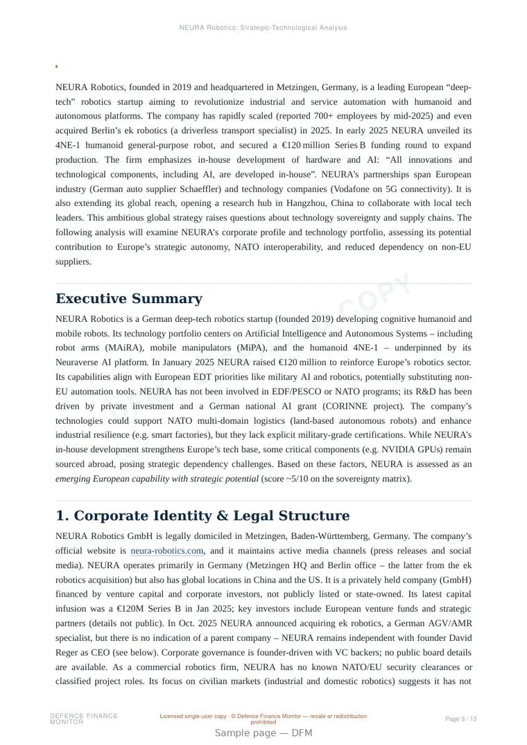 Sample page from “NEURA Robotics — Germany autonomous systems company” — 14-page report