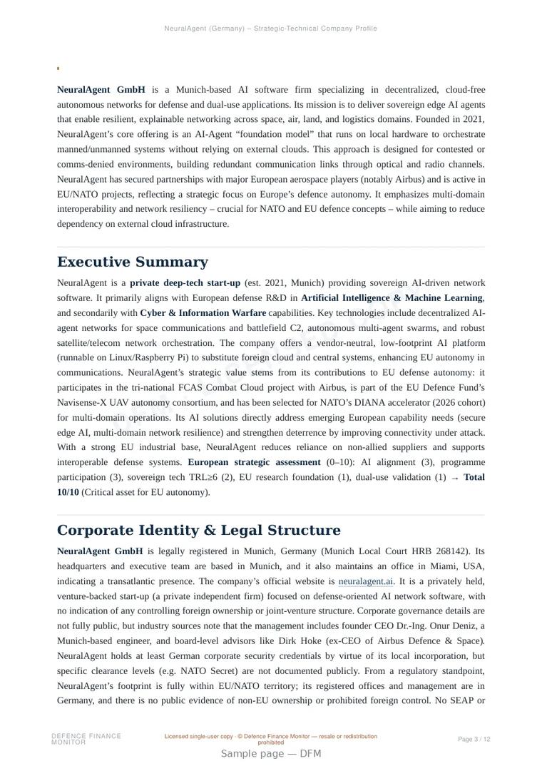 Sample page from “NeuralAgent (Germany) – Strategic-Technical Company Profile” — 13-page report
