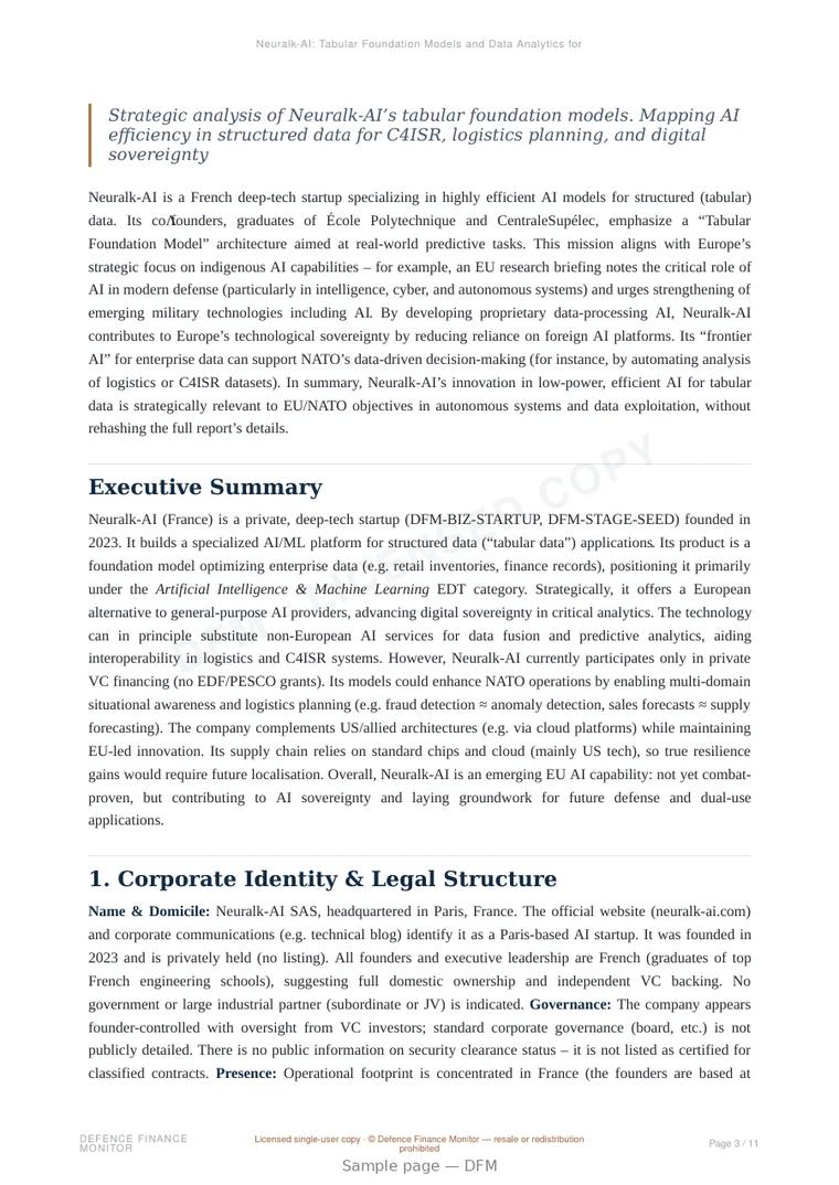 Sample page from “Neuralk-AI: Tabular Foundation Models and Data Analytics for Defense Logistics” — 12-page report