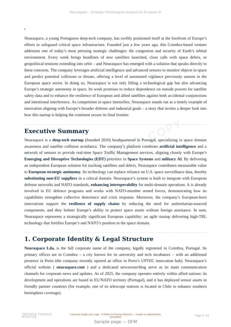 Sample page from “Neuraspace — Portugal space domain awareness company” — 30-page report