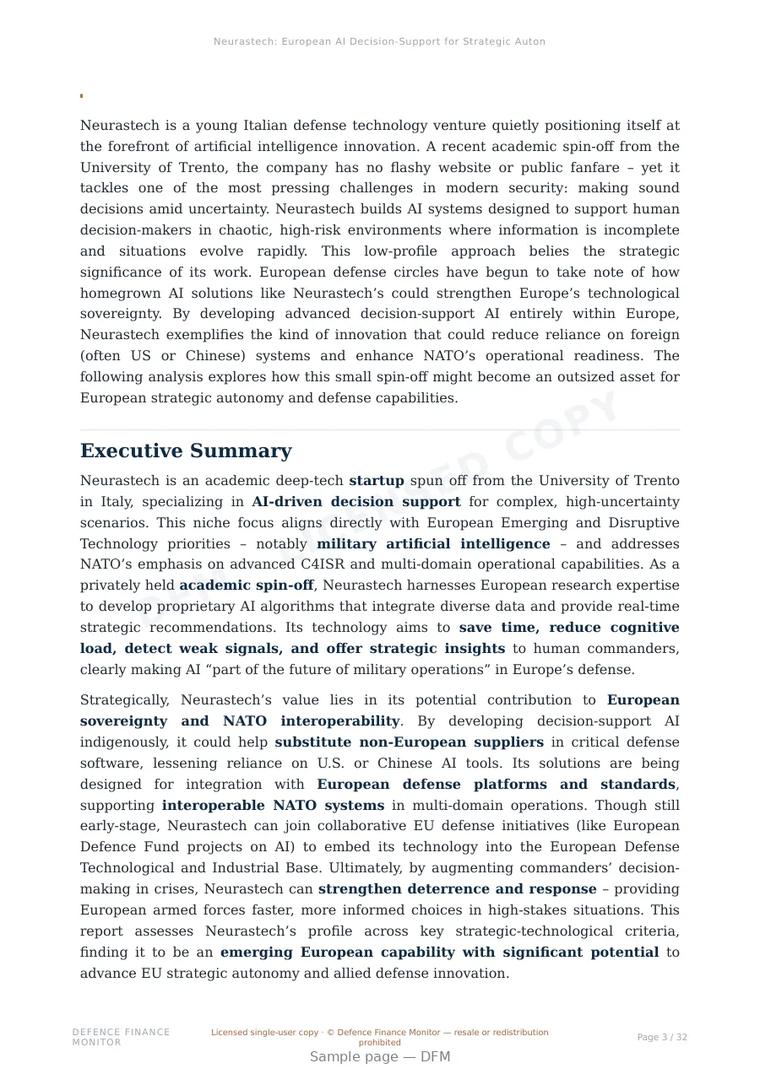 Sample page from “Neurastech: European AI Decision-Support for Strategic Autonomy” — 33-page report