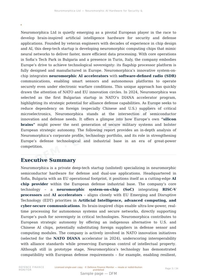 Sample page from “Neuromorphica Ltd — Neuromorphic AI Hardware for Security & Defence (UK)” — 35-page report