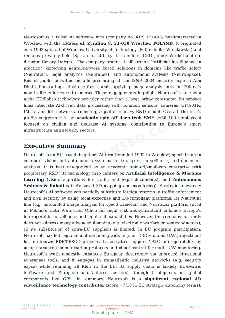 Sample page from “Neurosoft Sp. z o.o. — Poland artificial intelligence company” — 14-page report