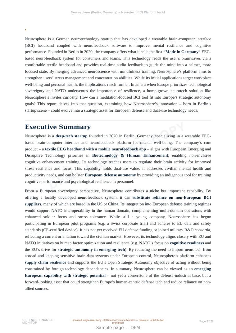 Sample page from “Neurosphere — Germany human enhancement company” — 28-page report