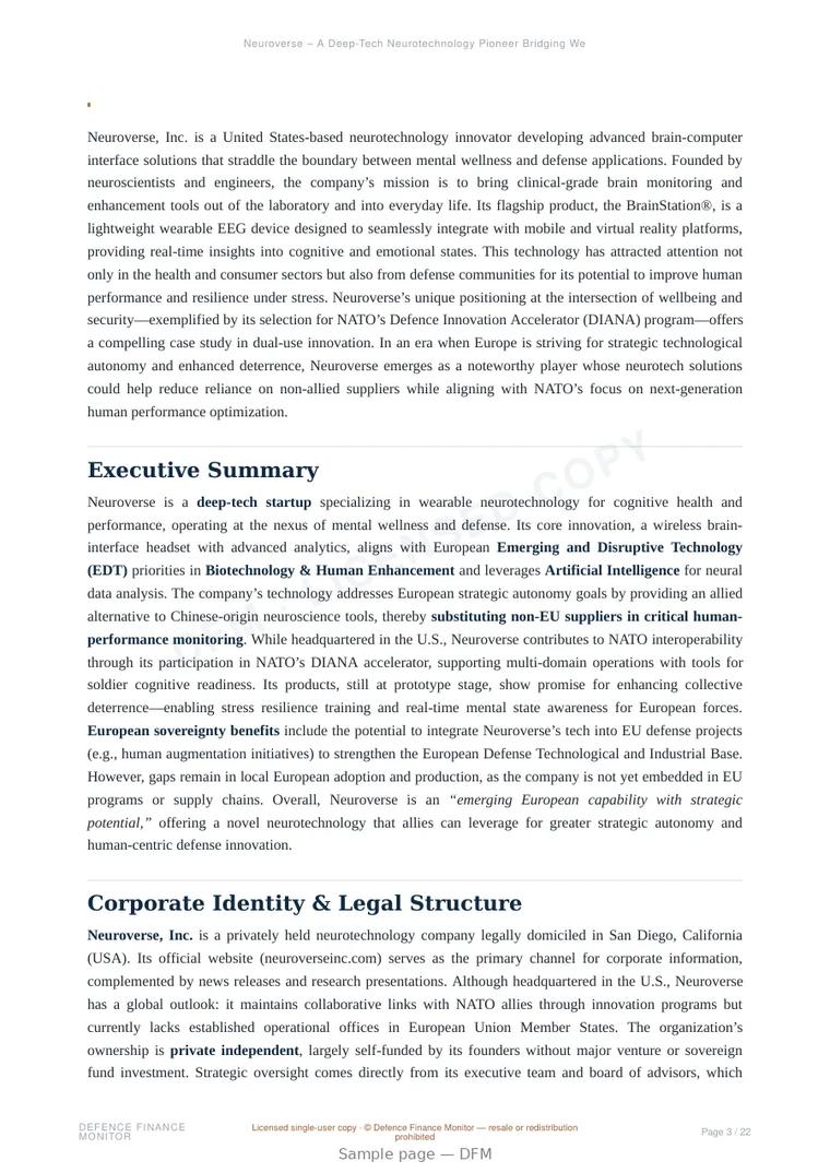 Sample page from “Neuroverse – A Deep-Tech Neurotechnology Pioneer Bridging Wellness and Defense” — 23-page report