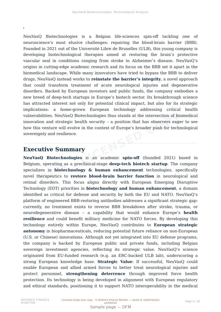 Sample page from “NeuVasQ Biotechnologies -Technological Analysis” — 27-page report