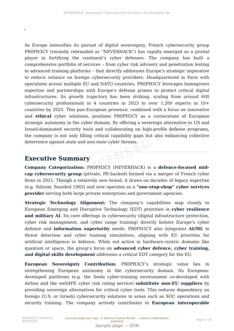 Sample page from “NEVERHACK: Sovereign Cybersecurity Solutions for European Defense” — 36-page report