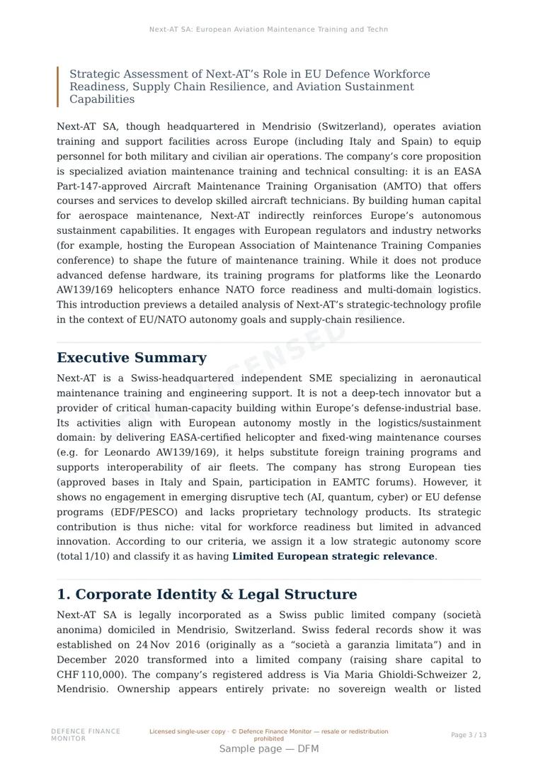Sample page from “Next-AT SA: European Aviation Maintenance Training and Technical Support” — 14-page report