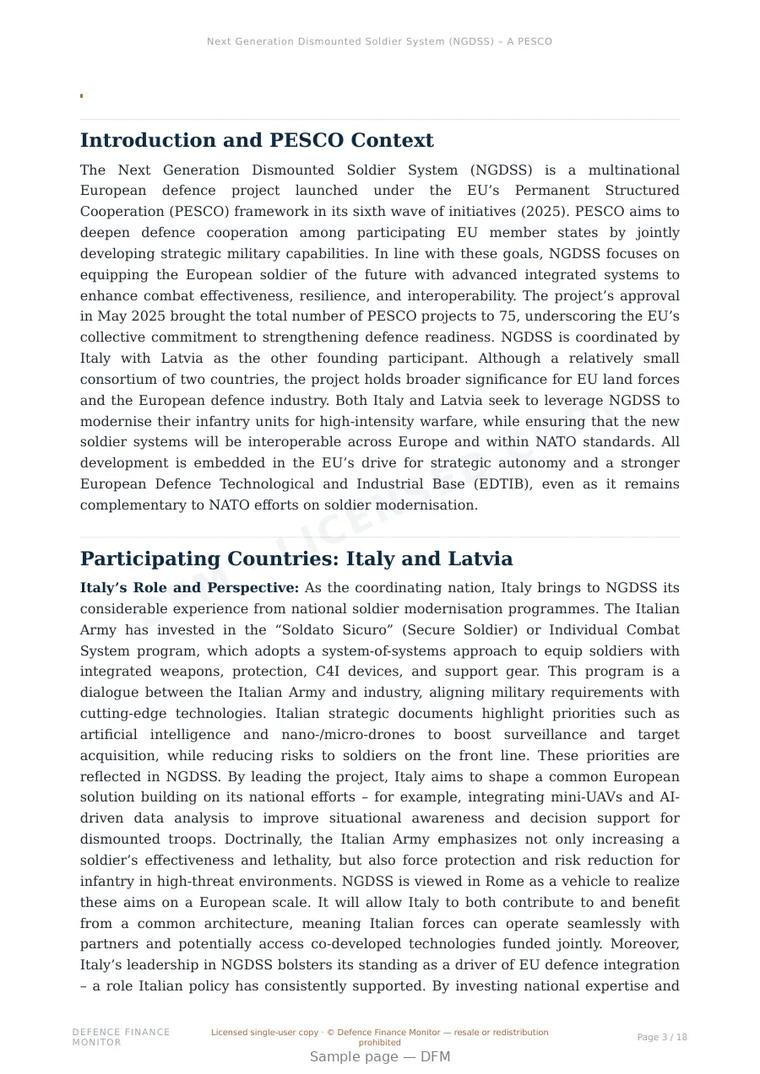 Sample page from “Next Generation Dismounted Soldier System (NGDSS) – A PESCO Collaborative Project” — 19-page report