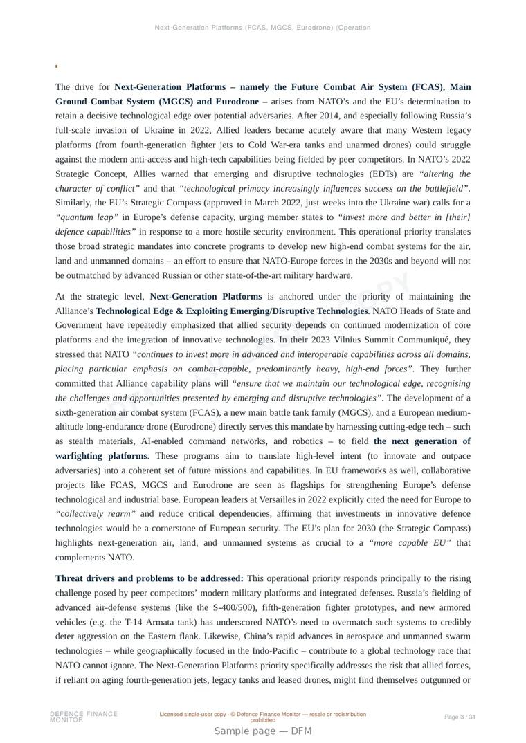Sample page from “Next-Generation Platforms (FCAS, MGCS, Eurodrone) (Operational Priorities)” — 32-page report