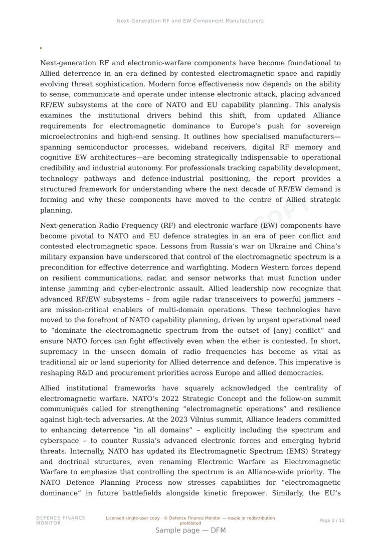 Sample page from “Next-Generation RF and EW Component Manufacturers” — 13-page report