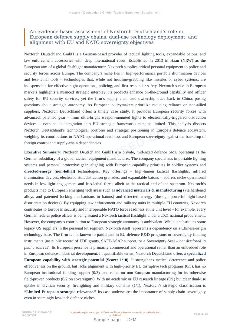 Sample page from “Nextorch Deutschland GmbH: Tactical Equipment Supplier with Limited Strategic Autonomy Value” — 30-page report