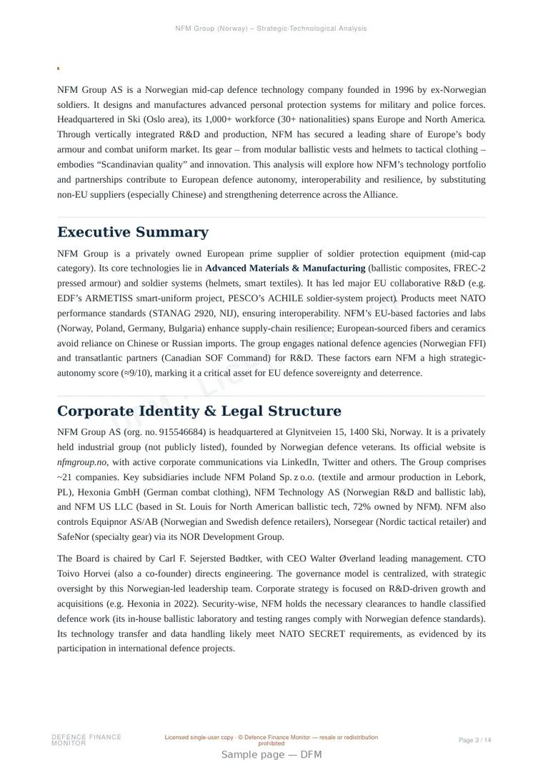 Sample page from “NFM Group AS — Norway advanced armor company” — 15-page report