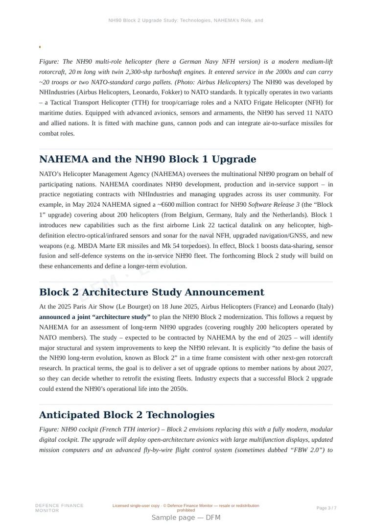 Sample page from “NH90 Block 2 Upgrade Study: Technologies, NAHEMA’s Role, and Airbus–Leonardo Partnership” — 8-page report