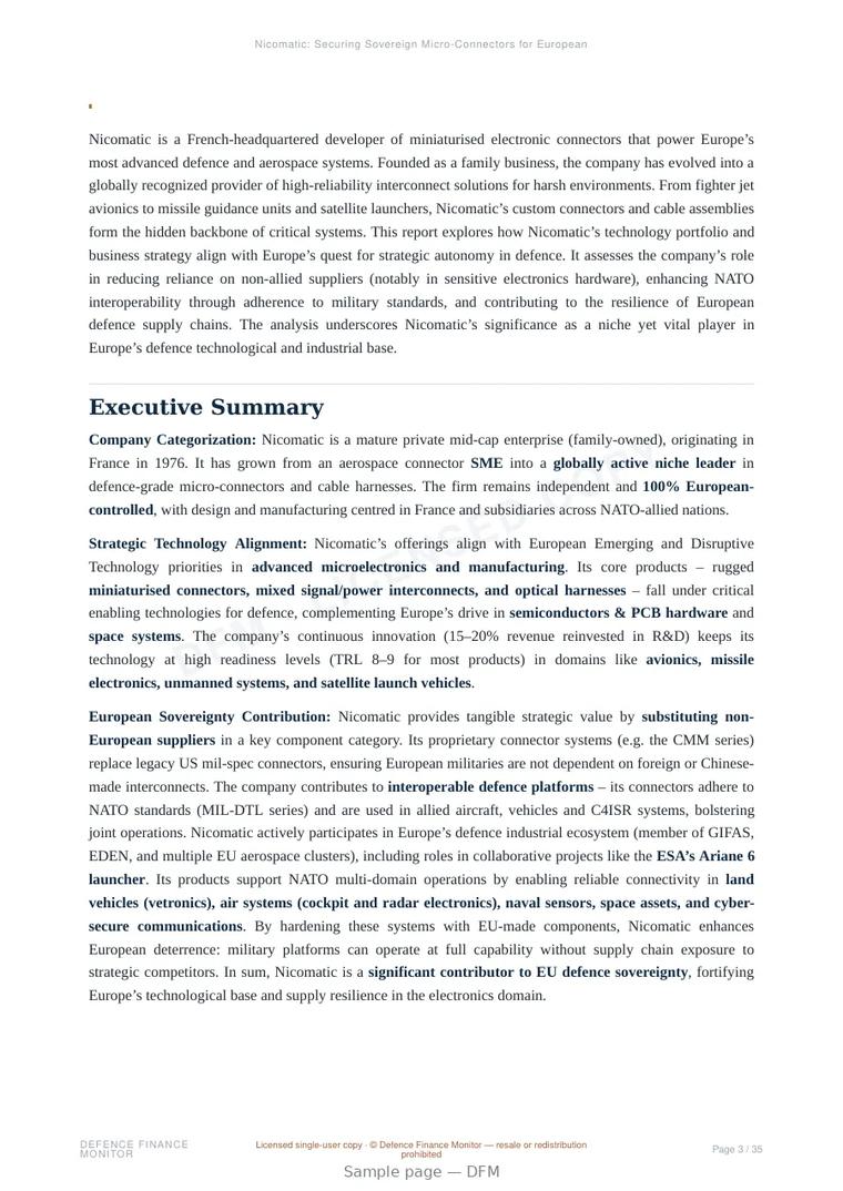 Sample page from “Nicomatic: Securing Sovereign Micro-Connectors for European Defence Resilience” — 36-page report