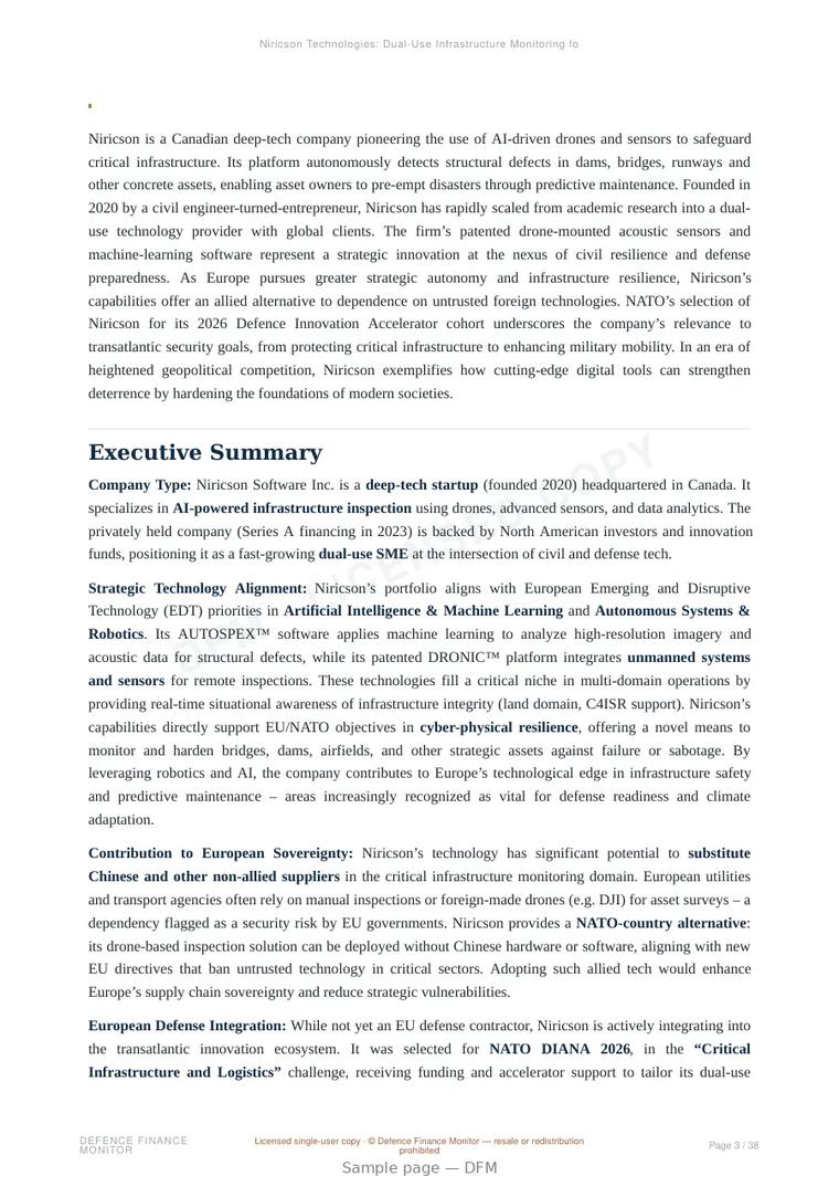 Sample page from “Niricson Technologies: Dual-Use Infrastructure Monitoring for European Defence and Resilience” — 39-page report
