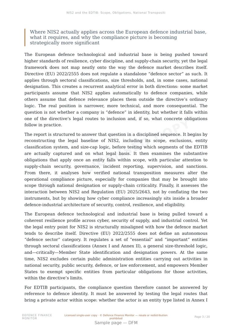 Sample page from “NIS2 and the EDTIB: Scope, Obligations, National Transposition, and the Emerging EDIP Interaction” — 21-page report